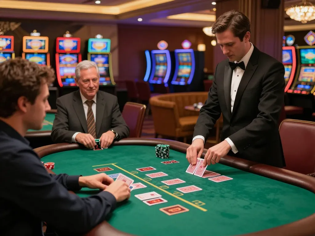 Players strategizing at sc88 blackjack table amidst vibrant casino atmosphere