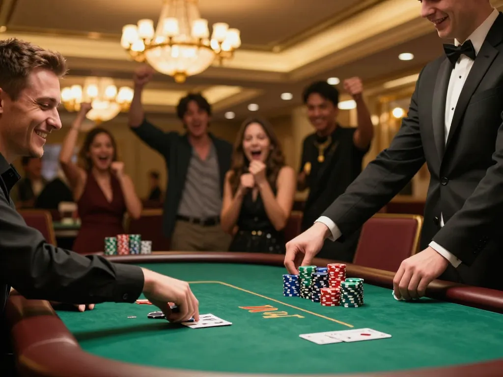 Player wins at 789 casino poker table, chips stacked, friends cheering, vibrant atmosphere.
