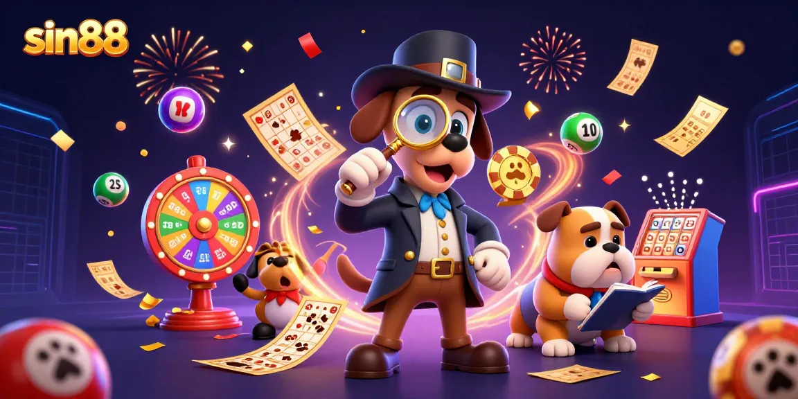 Engage in thrilling gambling with sin88, featuring a detective and a bulldog amidst dynamic lottery excitement.