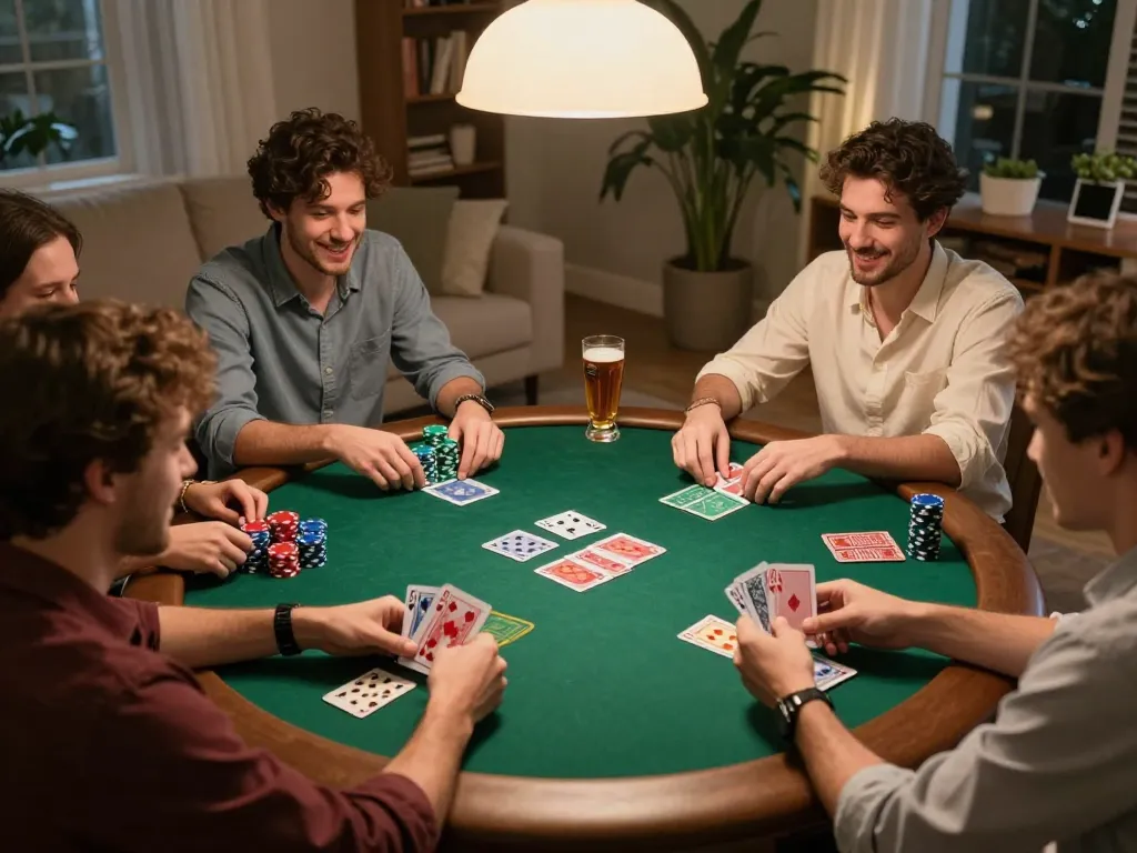 go8 poker game night with friends, vibrant chips, and cards laid out in a cozy setting.