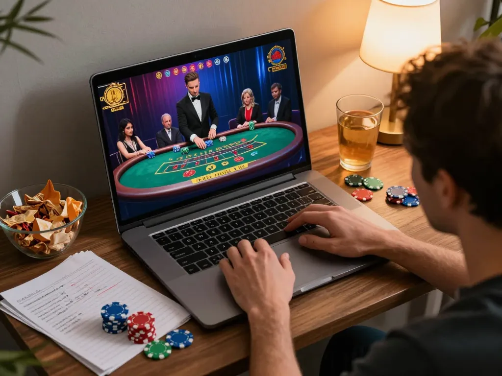 Player engaging with live dealer game on laptop, showcasing god55 gaming strategy in a cozy home environment.