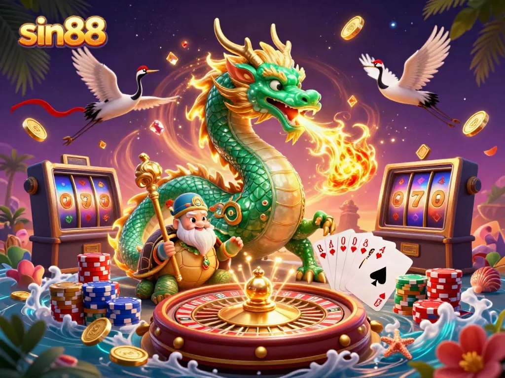 Engaging scene depicting sin88 with dragon, turtle sage, and cranes amidst vibrant casino elements.