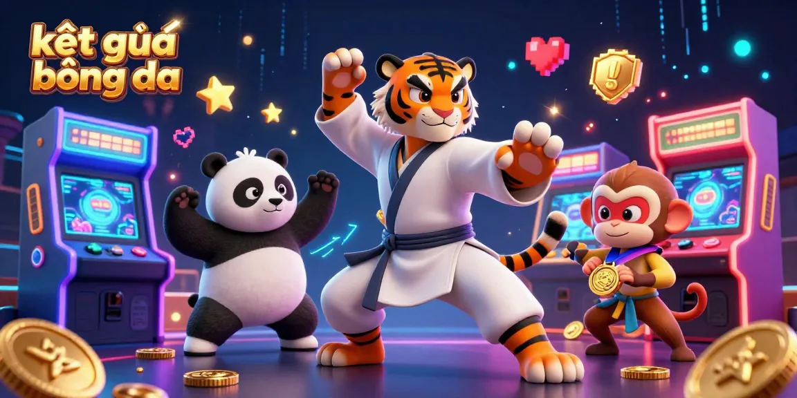 Watch kết quả bóng đá with kung fu tiger master and panda in vibrant casino-themed illustration.