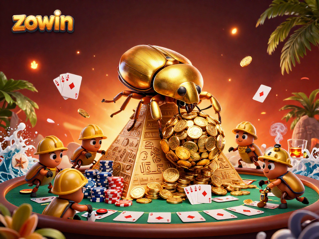 Experience thrill at zowin with golden beetles amongst poker chips in a vibrant casino scene.
