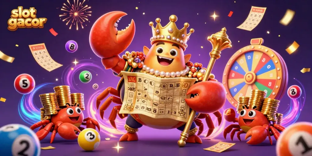 Experience the excitement of slot gacor in this dynamic 3D scene featuring a golden crab emperor and lottery elements.