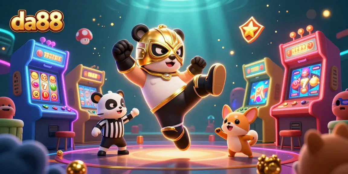 Experience the thrill of winning at da88 with a dynamic gaming scene featuring a lucha libre panda.
