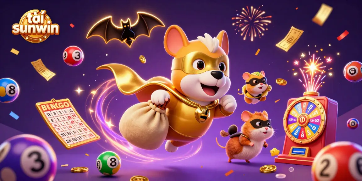 Experience dynamic wins at tại sunwin as the superhero dog flies, surrounded by vibrant game elements.
