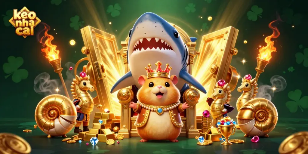 Experience keo nha cai thrilling bets with golden hamster king and treasures in an epic 3D scene.