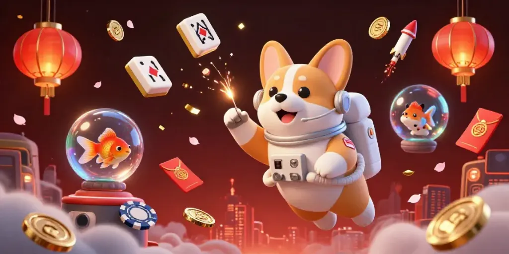 Experience 79king's captivating casino adventures with a floating corgi astronaut in a vibrant space scene.