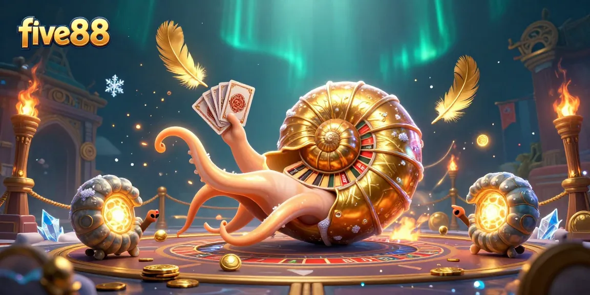 Engage in the vibrant world of five88 with a dynamic casino illustration showcasing a nautilus roulette wheel.