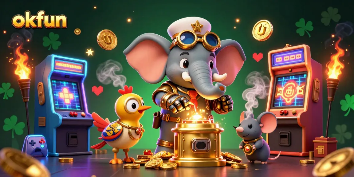 Spinning the slot machine in an exciting okfun casino-themed 3D illustration showcasing vibrant game elements.
