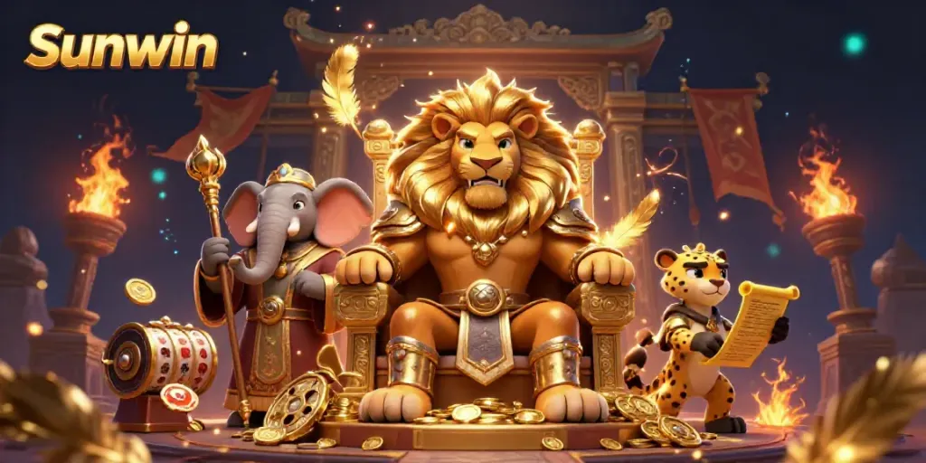Engage with Sunwin's dynamic 3D illustration showcasing a lion king amidst casino elements.