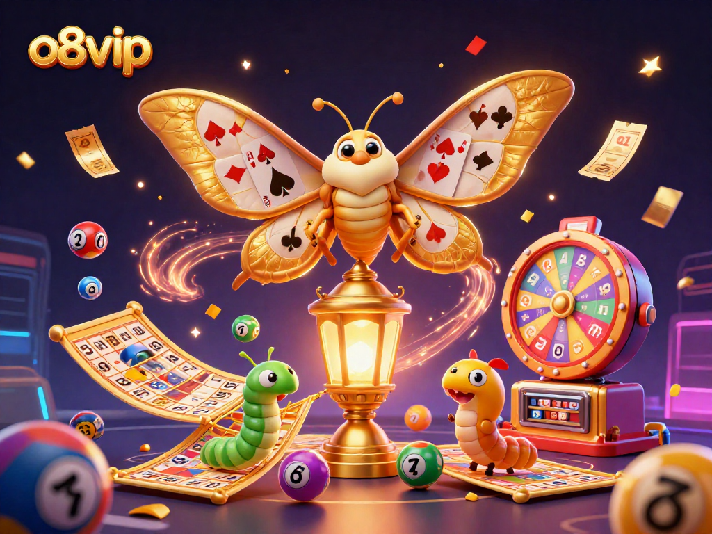 Play exciting games at o8vip, showcasing vibrant balls, golden tickets, and a majestic moth in a casino scene.