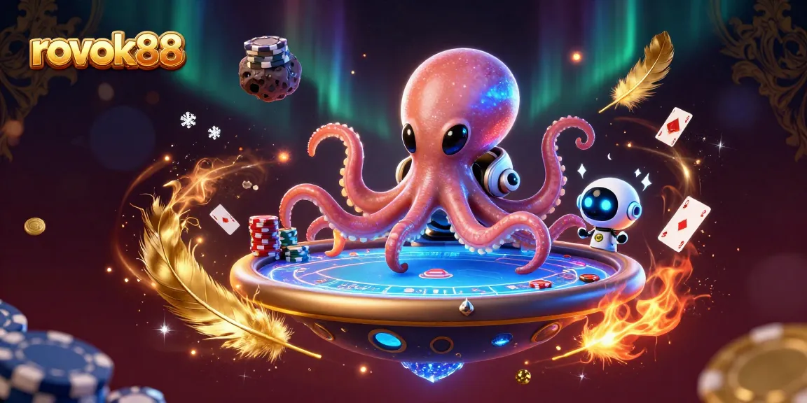 Experience thrilling poker games at rokok88 with a dynamic alien octopus and robot in a vibrant casino scene.