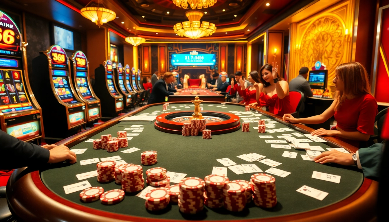 Winning players celebrate at the 68 game bài table in a luxurious casino, full of color and excitement.