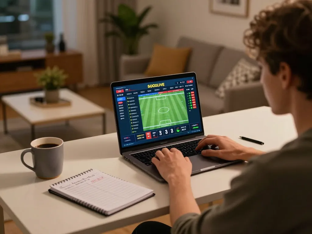 SOCOLIVE online betting setup with a person immersed in a football game, showcasing live odds and a cozy atmosphere.