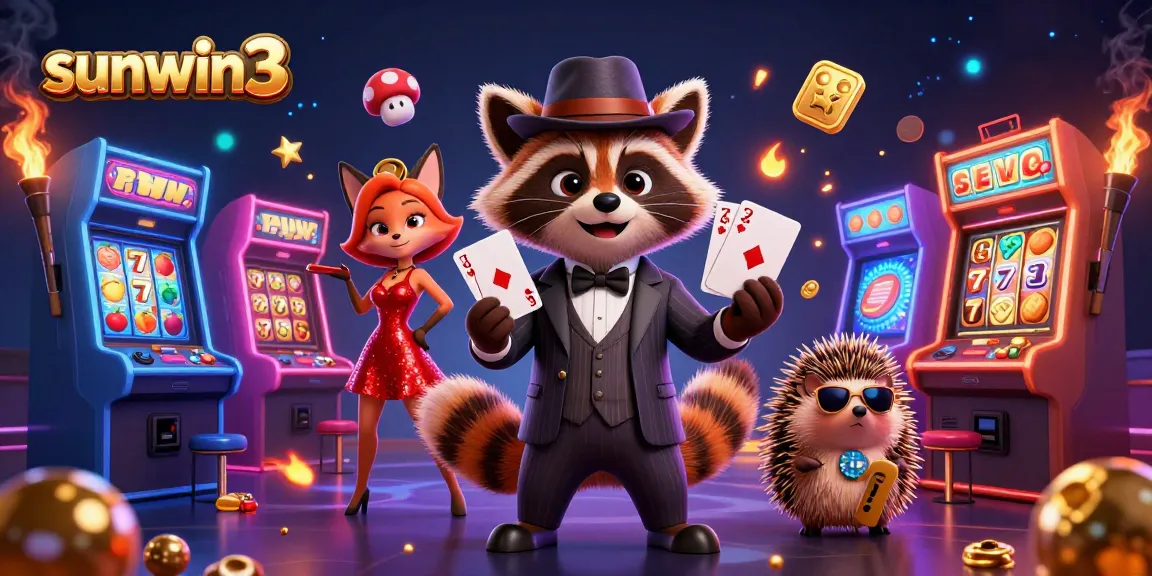 Engage with sunwin3 for thrilling slot machine action featuring a raccoon in a suit and vibrant casino environment.
