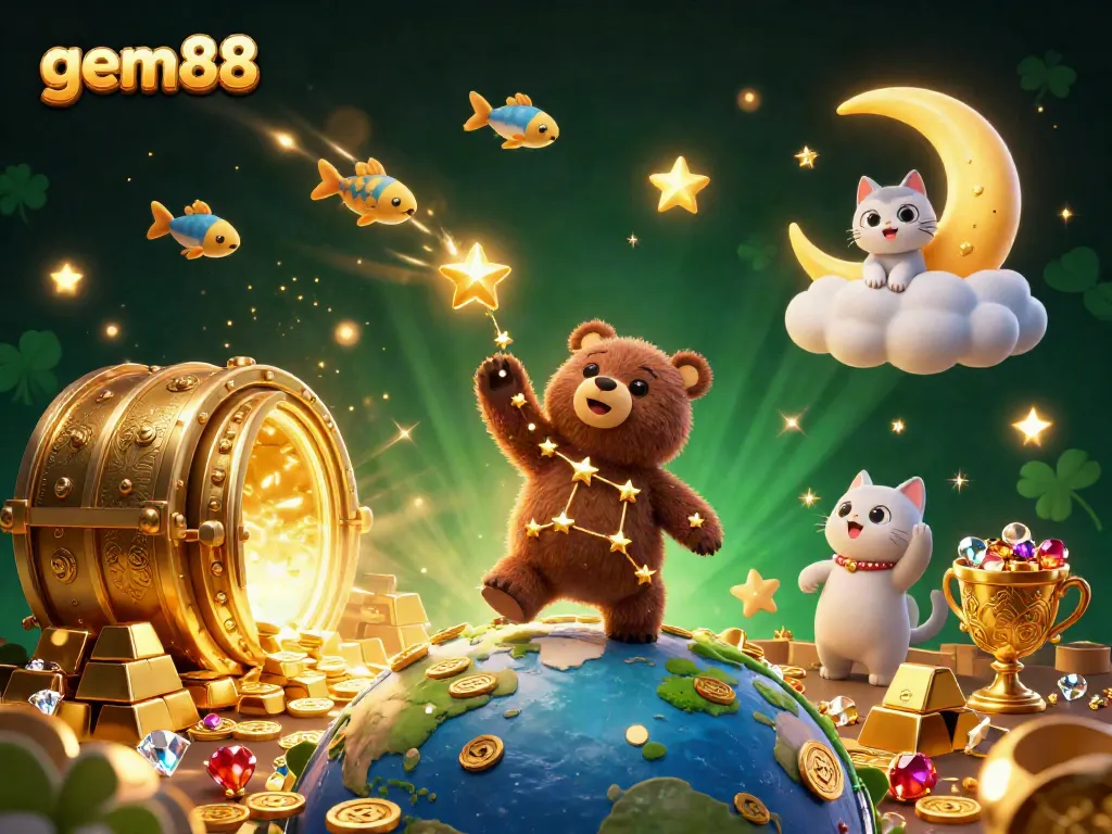 Engage with gem88’s gaming magic as a constellation bear scoops coins under a crescent moon.