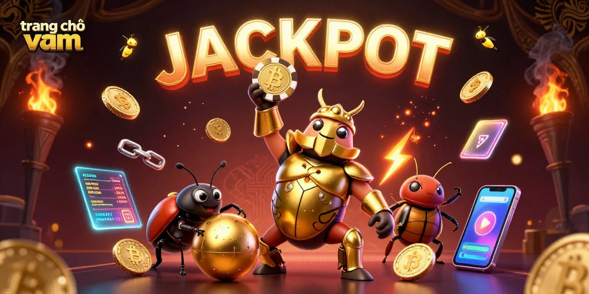 Experience the excitement at trang chủ vmax, featuring dynamic casino elements and a victorious beetle hero.