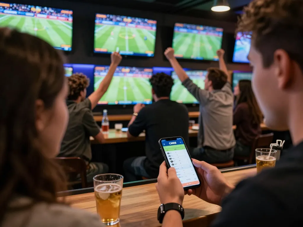 Engaging with CM88 betting app during live sports match at a vibrant bar.