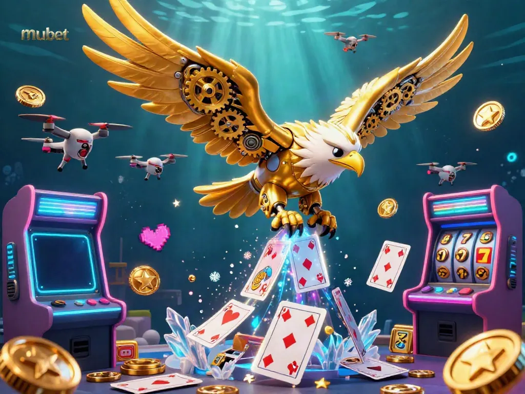 Experience captivating gameplay at mubet with a cybernetic golden eagle and vibrant arcade elements.