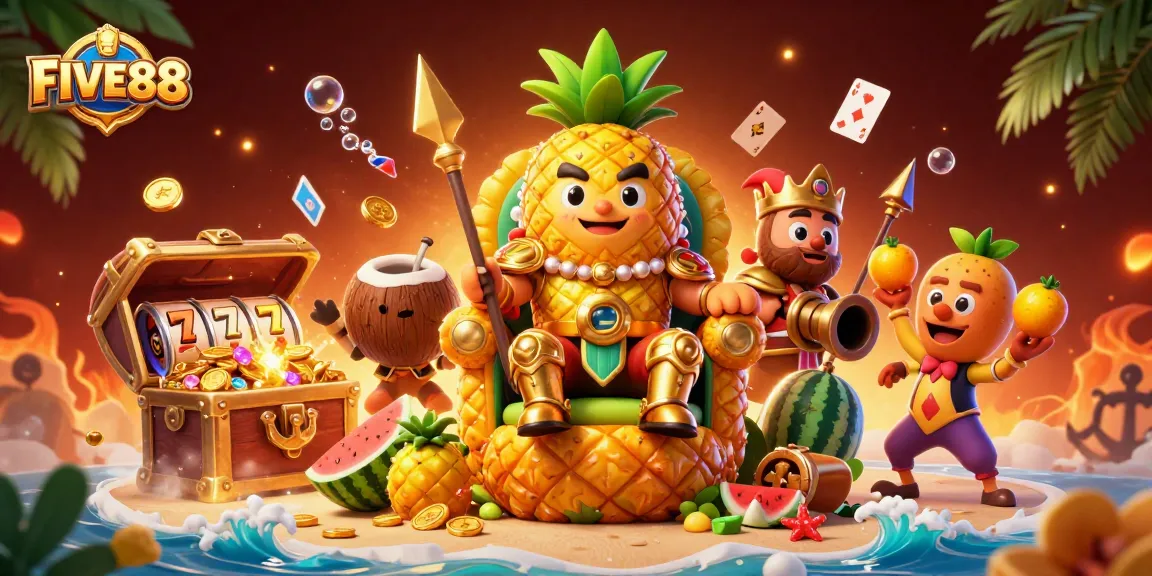 Experience thrilling gameplay at FIVE88 with a cartoon king and vibrant casino elements.