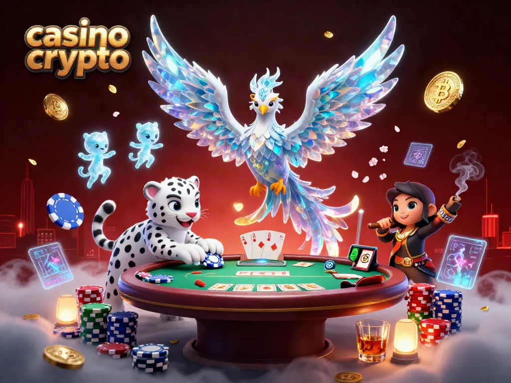Gioca nel casinò crypto con una scena incantevole che mostra una fenice di ghiaccio e un cucciolo di leopardo.