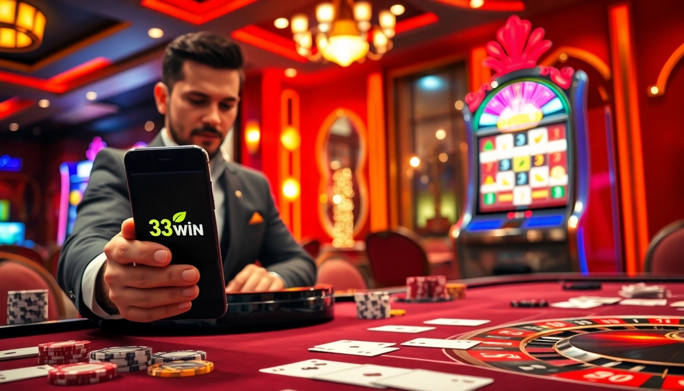 Engaging scene showcasing a player with Nhà cái 33win logo at an upscale casino table.
