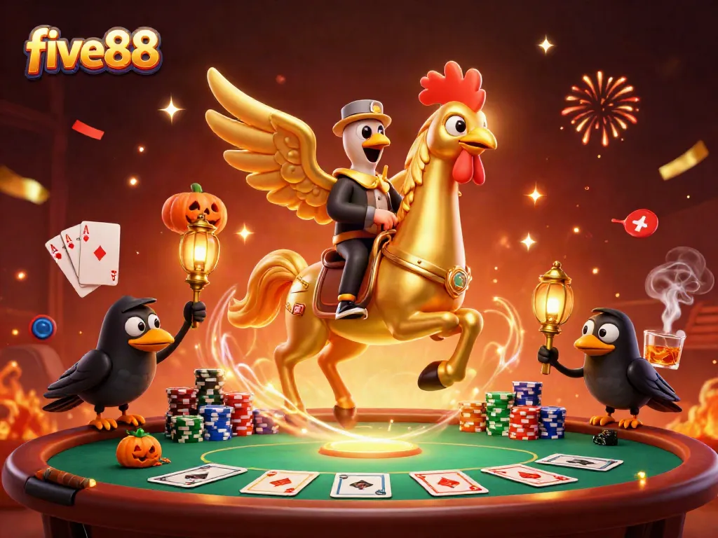 Experience the thrill of five88 with a golden rooster riding a spectral horse in a vibrant casino scene.