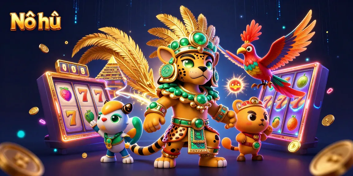 Nổ hũ slots jackpot scene highlighting dynamic 3D Mayan priest, spinning reels, and lucky symbols in a vibrant atmosphere.