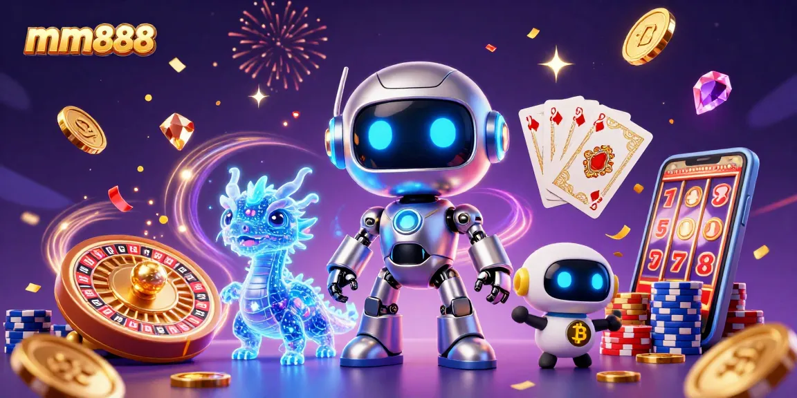 Win exciting games at mm888 with a vibrant illustration of casino characters and dynamic gaming elements.