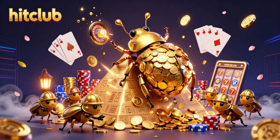 Hitclub engages players with a vibrant casino-themed 3D illustration of golden beetles and exciting gameplay elements.