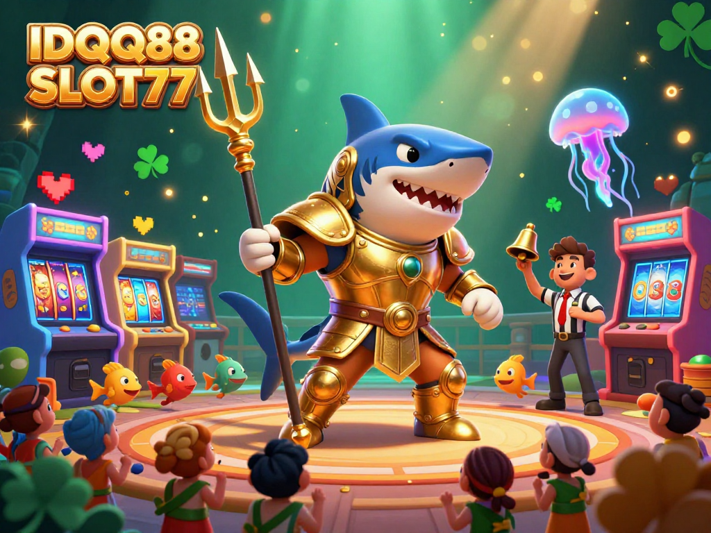 Experience the thrill of IDQQ88 SLOT77 with a fierce tiger shark in a vibrant underwater casino scene.