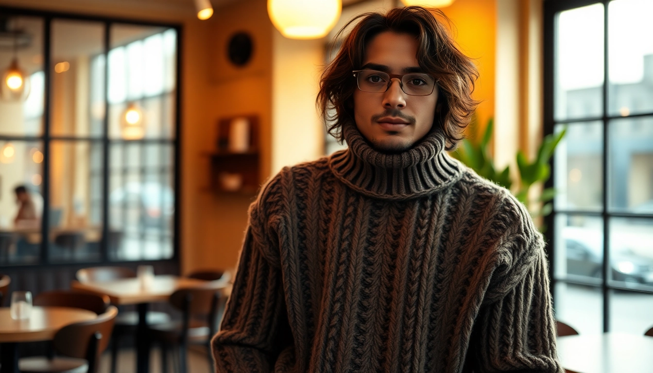 Trendy jumpers displayed in an urban café setting, showcasing fashion and comfort.
