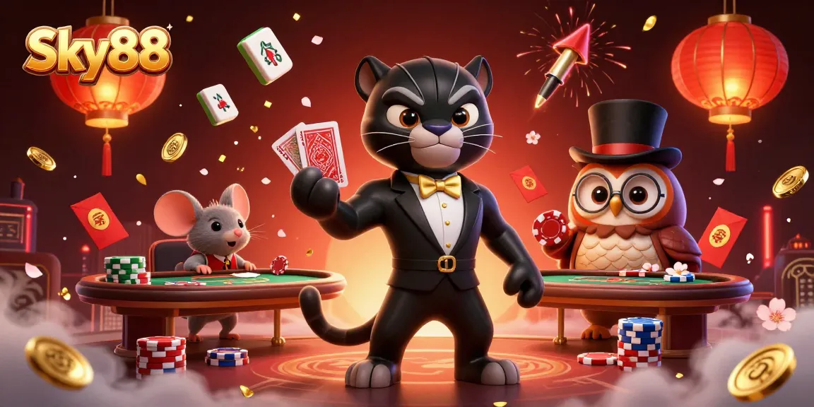 Experience Sky88 excitement as a stylish black panther deals cards alongside an owl and lucky mouse.