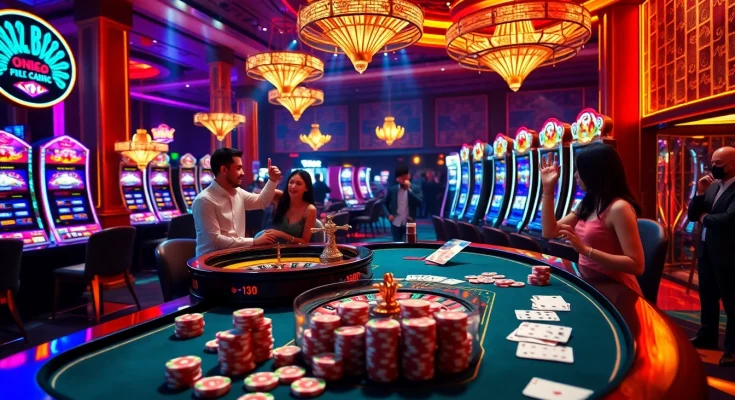 Exciting gambling scene showcasing 68 game bài with poker chips, cards, and roulette elements.