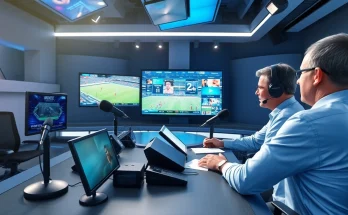 Engaging scene of sports broadcasting with analysts discussing live sports insights.