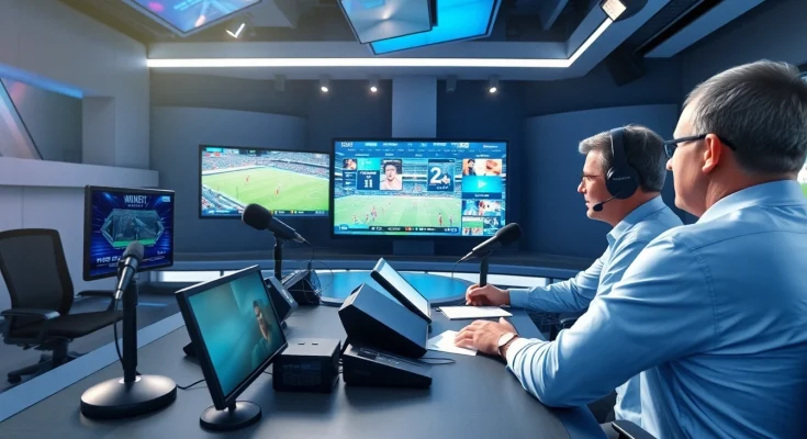 Engaging scene of sports broadcasting with analysts discussing live sports insights.
