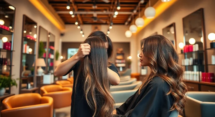 Stylish hair salon in San Diego showcasing hair styling and Aveda products, perfect for first-time clients.
