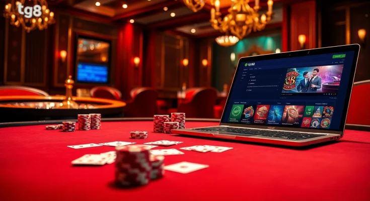 Experience the excitement of gambling at trang chỉ tg88 with poker chips and cards on a lavish casino table.