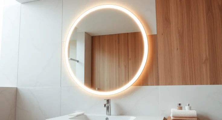 Enhance your space with stylish mirror and led lights illuminating a modern bathroom.