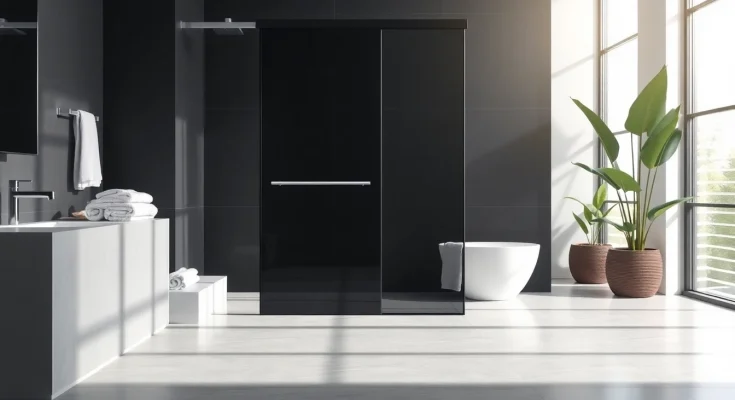Install a black shower sliding door in a modern bathroom to elevate its style and functionality.