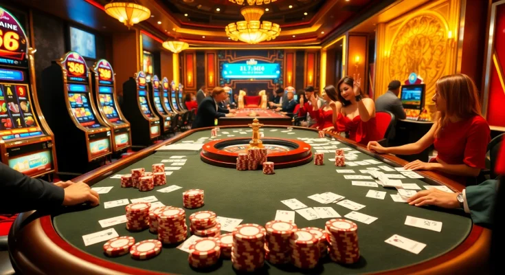Winning players celebrate at the 68 game bài table in a luxurious casino, full of color and excitement.