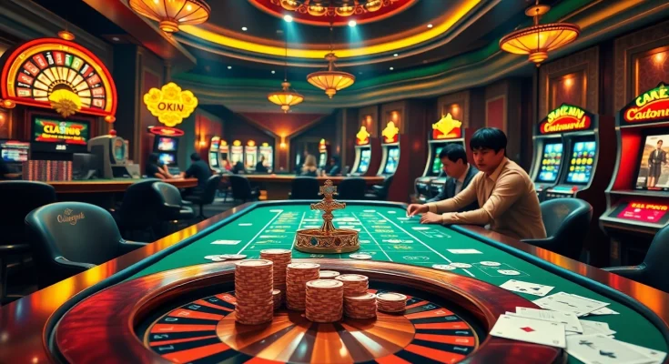 Experience the thrill of online gambling at Link OKFUN with an exciting casino scene featuring poker tables and slot machines.