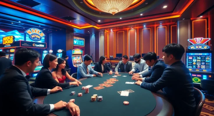 Playing poker at Nhà cái LUCK8 casino with vibrant atmosphere and engaged gamblers.