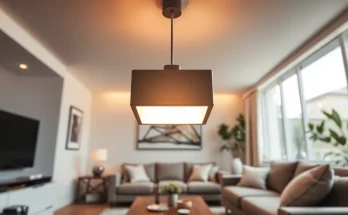 Bright square light fixture illuminating a stylish modern living room interior.