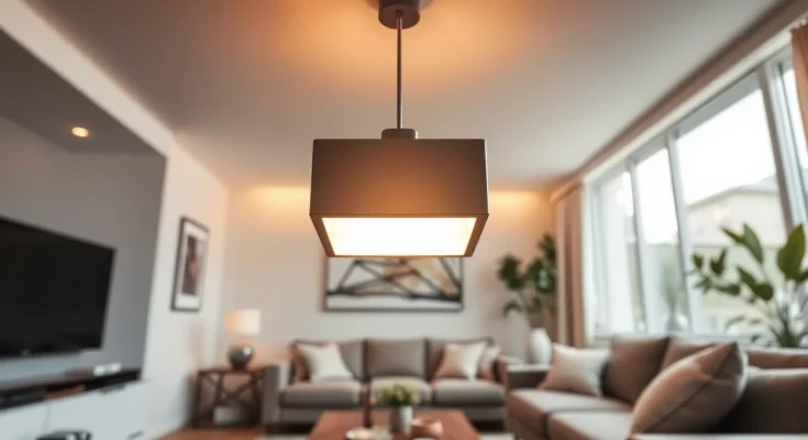 Bright square light fixture illuminating a stylish modern living room interior.