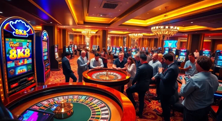 Players enjoying an engaging game at the 8k8 casino, featuring vibrant slot machines and roulette tables.
