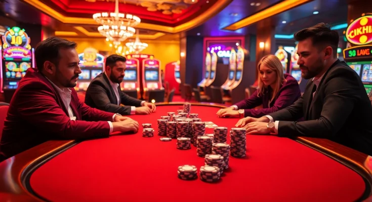 Cakhia players engaging in high-stakes poker at an elegant casino, showcasing excitement and strategy.