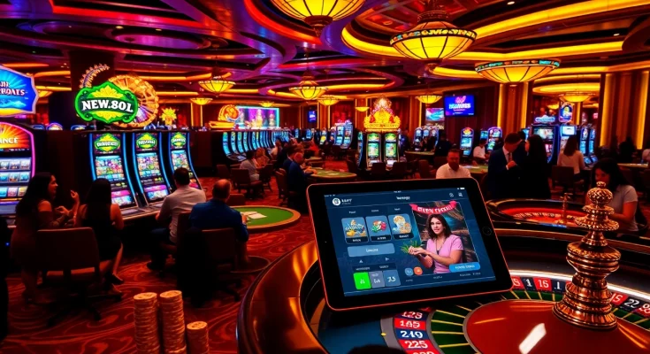 Exciting casino gaming scene showcasing https://new88.pet/ with vibrant slot machines, poker tables, and roulette.